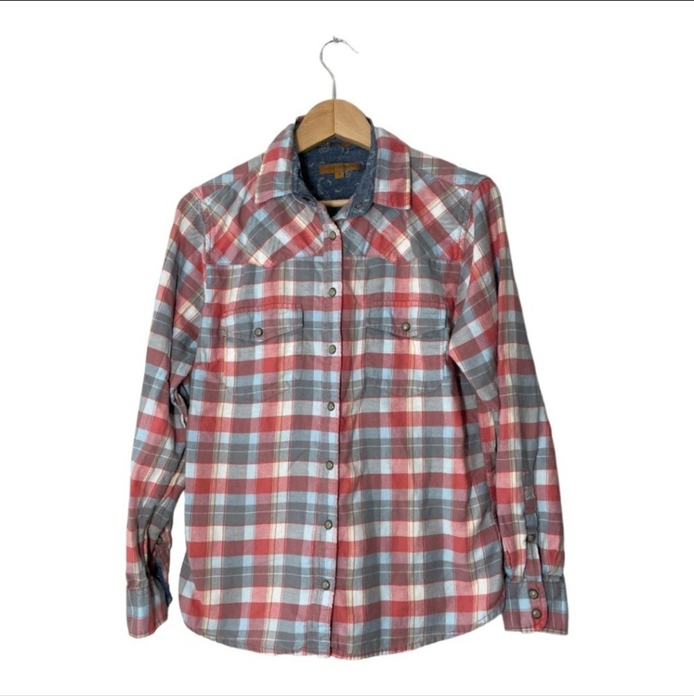 JACHS Girlfriend Plaid Flannel BEA Western Shirt Snap Wrist and Front Blue Pink - Picture 7 of 13